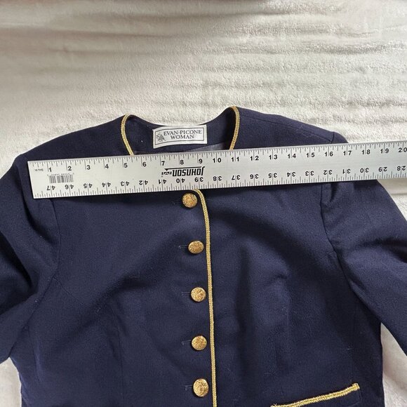 Vintage Evan-Picone Woman Navy Blue Blazer Jacket Gold Trim & Buttons Size 16W - Picture 7 of 9